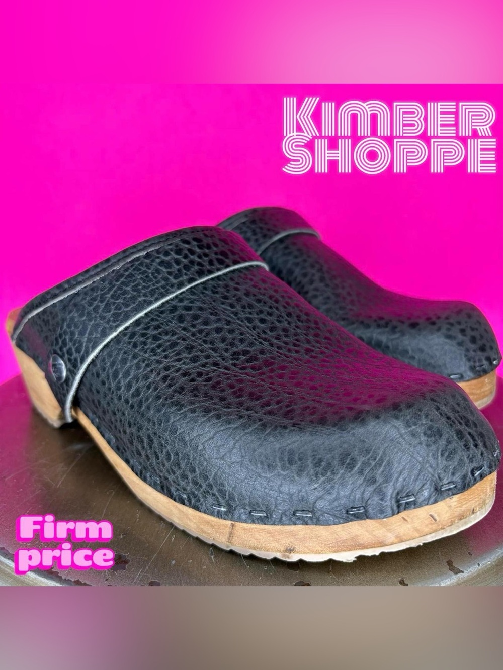Tessa Black Bison Leather Snap Strap Slip-On Mule Clog EU 38 US 7-7.5